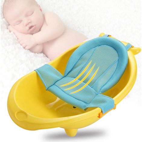 Tapis de bain bébé bleu, filet de siège antidérapant pour baignoire, coussin de bain nouveau-né, sangle de maintien lavage, tapis respirant en maille 3D, soutien ajustable 0-36 mois (1/5)