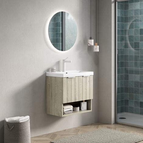 Mobile lavabo sospeso 55 cm con lavabo in ceramica bianca, doppie ante e nicchia, rovere chiaro (1/5)