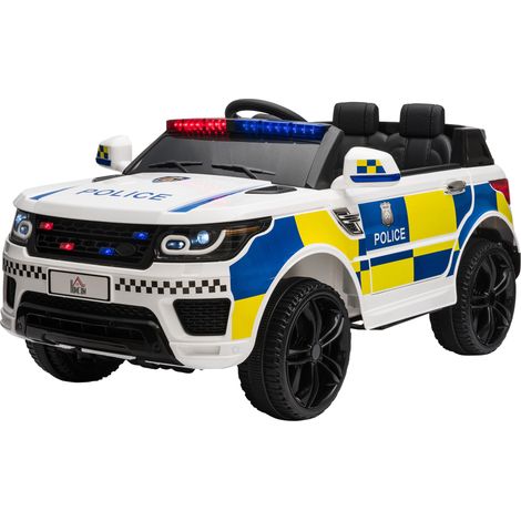 Voiture électrique police 12V enfants avec télécommande, sirène, lumière, port USB, 110x68x52cm, blanc