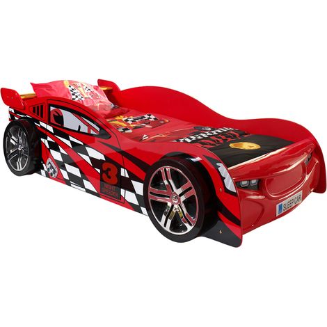 M&S – Lit voiture Night Speeder 90 x 200cm – MDF avec sommier inclus – Jantes chromées et spoiler rouge – Éclairage LED optionnel (1/5)
