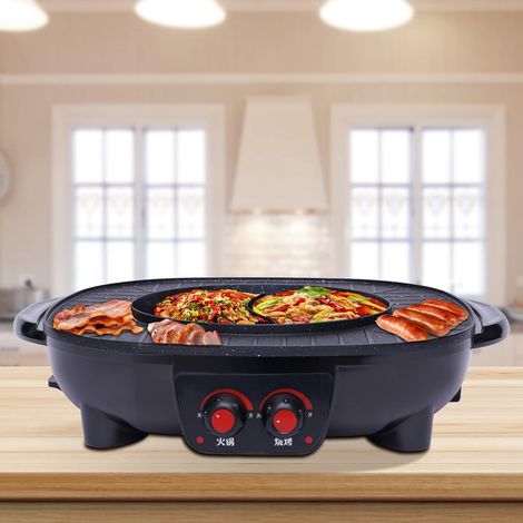Elektrischer Hot Pot und Grillplatte 2 in 1, elektrischer BBQ-Hot Pot mit großer Kapazität, doppelte Temperaturregelung, geteiltes Design, leicht zu reinigen, für Familienrestaurants (1/5)