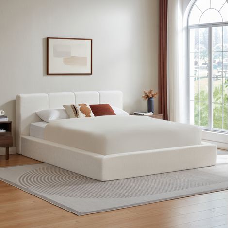Lit adulte 160x200 cm avec tête de lit rembourrée, soutien renforcé, couleur blanc crème pour chambre (1/5)