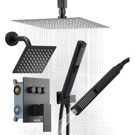 Ensemble de robinetterie de douche noir mat avec système pluie 254 mm, pommeau mural 152 mm et douchette 2 en 1, 3 fonctions. (1/5)