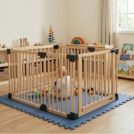 Safetots Wooden Play Den 80cm x 120cm, Natural Wood, 76cm High, with Soft Foam Play Mat, Dusty Blue, 90cm x 150cm (1/5)