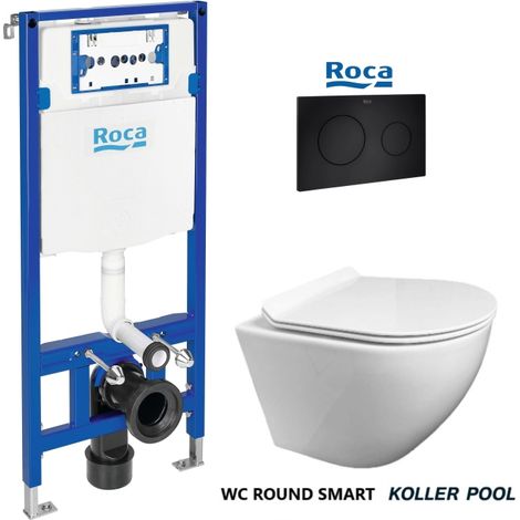 Bâti-support ROCA Duplo pack réservoir encastrable et plaque PL10 Noir Mat avec WC suspendu ROUND SMART Blanc abattant fin par KP (1/5)