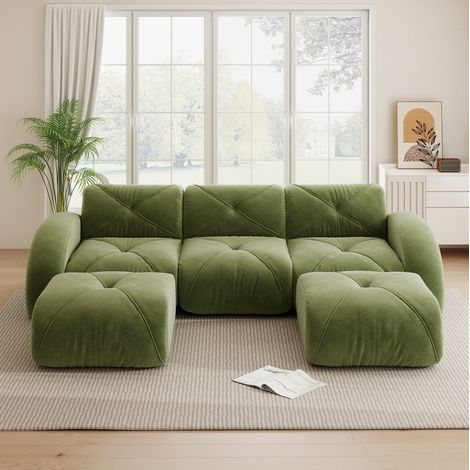 Divano modulare a U 3 posti, 2 pouf, tessuto ciniglia verde, senza montaggio DESVIAE (1/5)