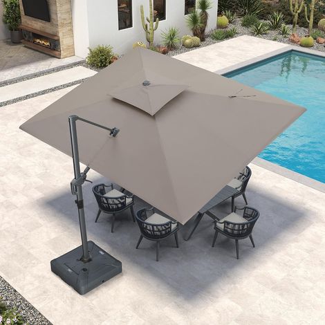 Parasol Déporté 2,7 x 3,6 m Alu Toile Imitation Acrylique Taupe Anti-décoloration 3 ans, Parasol, Bloque 98 % des UV, Anti-déchirure, 6 inclinaisons, Rotatif 360°, Facile à utiliser, Jardin (1/5)
