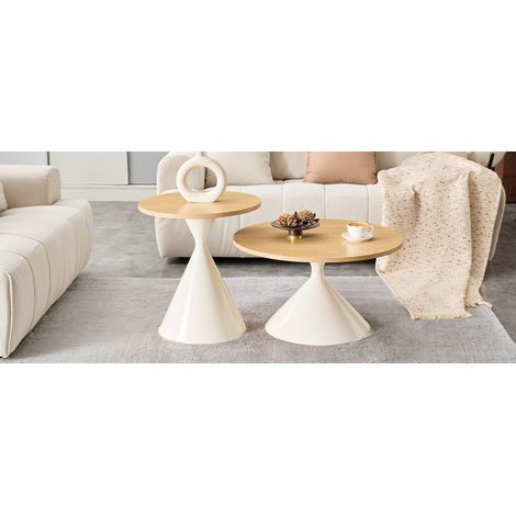 Ensemble de 2 tables basses crème à plateau mélaminé effet bois, pieds métalliques style sablier, empilables pour salon et bureau (1/5)