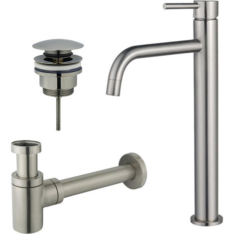 FugaFlow Eccelente Sobrado Slim Slim Kit mitigeur lavabo - robinet rehaussé - bonde clic clac - siphon design bas - PVD Inox brossé (1/4)