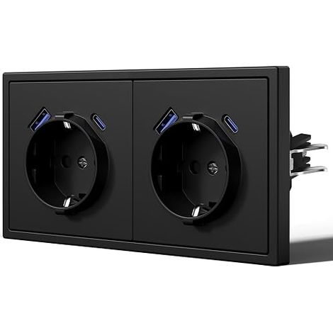 Chaussette murale Schuko avec griffes, chaussette en plastique allemande, chaussettes électriques avec sécurité pour enfants, installation facile, 2 Schuko avec 20 W USB y Type C, noir (1/5)