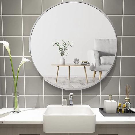 Miroir Mural Suspendu, Miroir Rond en Verre HD pour décorer, Salle de Bain, Salon Chambre ,50x50cm (1/5)