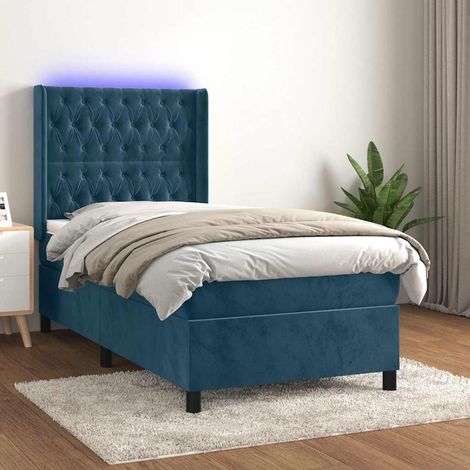 Cama box spring colchón y LED terciopelo azul oscuro 90x190 cm (1/5)