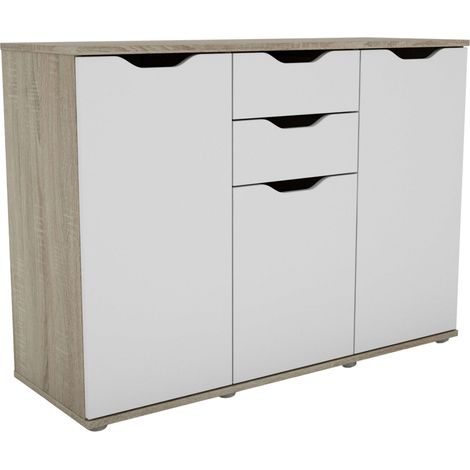 Aparador, Armario de Almacenaje 3 Puertas 2 Cajones Salón Parc Moderno Roble Sonoma y Blanco Mate 108x79x38 cm (1/5)