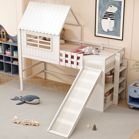 Cama infantil 90x200cm tobogán alargado seguridad barandilla 36cm madera color blanco (Sin colchón) (1/5)