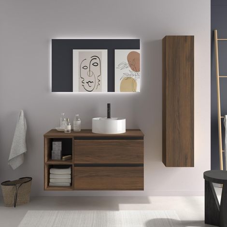 Mueble de Baño BEQUIA PLUS METAL 90cm Nogal Lavabo sobre encimera Porcelana lado reversible 2H (1/5)