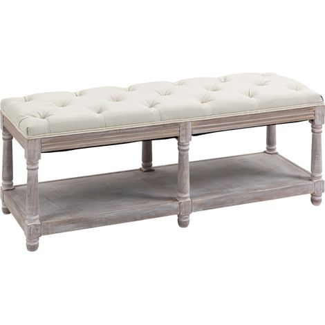 2-Tier Bed End Bench, Vintage Stool, Wooden Window Seat with Storage Shelf, Button Tufted Upholstered Footstool for Living Room, Bedroom, Entryway, Cream White