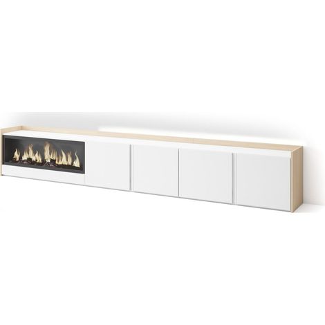 Skraut Home - Mobile TV Soggiorno, Ampio spazio a disposizione, 315x35x50cm, Per TV fino a 80", Camino elettrico XXL, LED, Stile moderno, Bianco e Rovere soft (1/5)