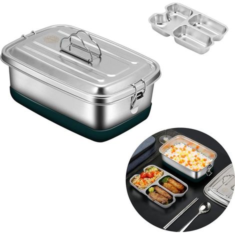 Lunch Box,Boite bento,304 Boîte Bento en Acier Inoxydable, 2000ml Grande Bento Box 3 Compartiments Boîte à Lunch en Métal Boite,pour pique nique, école, bureau, adultes,micro ondes. (1/5)