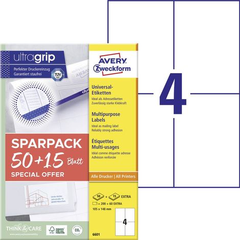 Avery-Zweckform 6601 Etichetta universale 105 x 148 mm Carta Bianco 260 pz. A tenuta permanente Stampante laser a color (1/5)