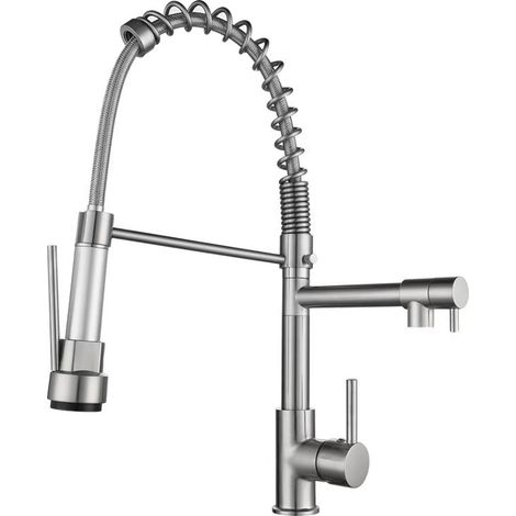 Robinet de cuisine - Douchette extractible flexible - Bec pivotant 360°, double fonction - Flexible 3/8" - Acier inoxydable - Brossé (1/5)