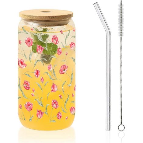 Tasses isothermes verre motif fleurs bleues papillon, avec couvercles et pailles, pour café glacé, cadeau Saint-Valentin/anniversaire (Tulipe33) (1/5)