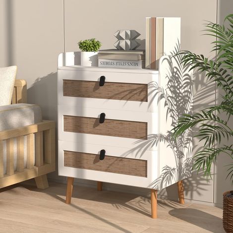 COSTWAY Kommode mit 3 Schubladen, Schubladenkommode aus Holz und Rattan, modernes Sideboard, Highboard für Flur Schlafzimmer Wohnzimmer, 39,5 x 60 x 75 cm, Weiß (1/5)