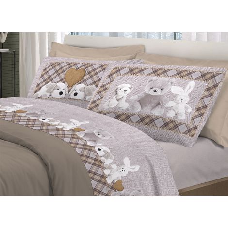 Completo Lenzuola Flanella Pensieri Delicati 100% Cotone Dis. Peluches Beige, misuraSingolocoloreBeige (1/5)