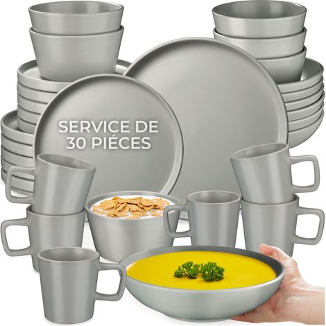 30 pièces service de table en grès pour 6 personnes gris