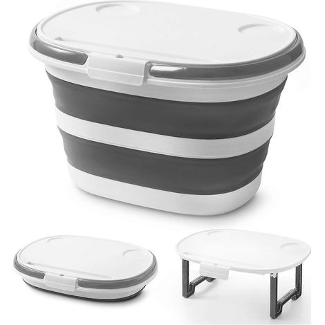 Seau à franges pliable 16 L avec couvercle multifonctionnel bac silicone 4 en 1 Multi Pail support table et sol (1/5)