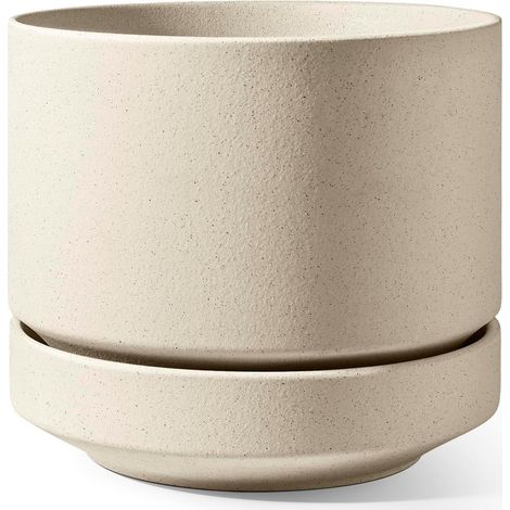 Grand Pot de Fleurs en Céramique 35 cm avec Soucoupe, Jardinière pour Intérieur et Extérieur, Trou de Drainage avec Filet et Bouchon, Non Émaillé et Respirant - Beige Sable (1/5)