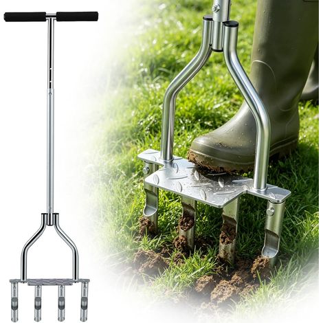 Aérateur de pelouse manuel avec 4 dents creuses, scarificateur manuel 93 cm, aérateur pour aération du sol et ameublissement avec compartiment de rangement et outil de nettoyage (1/5)