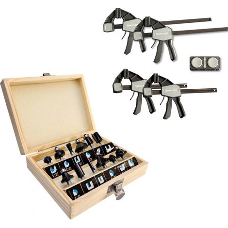 OMNIVOR - Pack Menuiserie Bois - Coffret 12 Fraises Carbure Queue 6 mm Défonceuse - Lot 4 Serre-Joints Rapides Une Main 2x150 et 2x300 mm Force 68 kg (1/5)