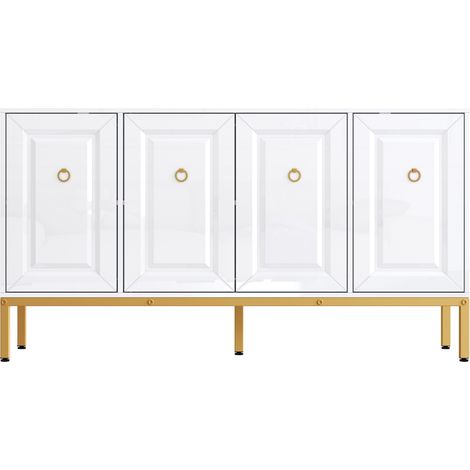 Aparador de alto brillo blanco y dorado con patas y tiradores dorados 140 x 40 x 80 cm (1/5)