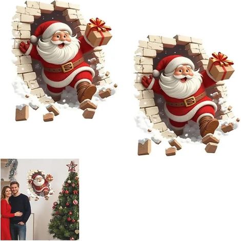 STICKERS DE NOEL Autocollants Muraux Père Noël,Père Noël Brisant Un Mur De Briques Autocollant Décorations De,Autocollant , 2Pcs (1/5)