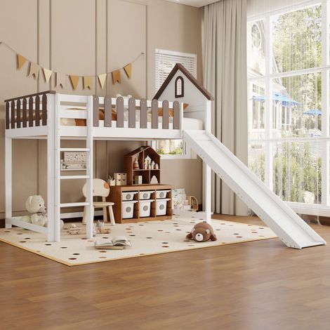 Lit mezzanine cabane enfant 90 x 200 cm avec toit, fenêtres, toboggan, échelle droite 3 marches, garde-corps, pin/MDF, Blanc et effet noyer (1/5)