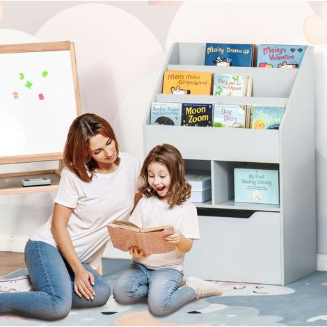 Libreria per bambini grigia con cassetto, 3 ripiani e 2 nicchie OKMYHOME (1/5)