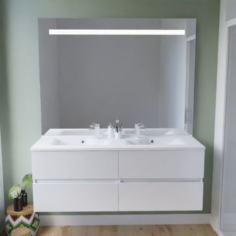 Meuble double vasque 140 cm ROSALY INOX + miroir Elégance ht105- Blanc- Plan vasque en
