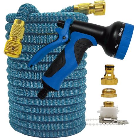 Tuyau d'arrosage haute pression flexible et extensible bicolore (bleu-gris avec pistolet, 15 m extensible) pour la maison et le jardin, idéal pour l'irrigation des jardins et des exploitations agricol