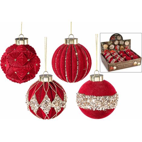 Palline di Natale in finto vetro rosso infrangibile con decori brillanti da appendere, in espositore da 12 pezzi, set da 12 pezzi, Ø 8 cm