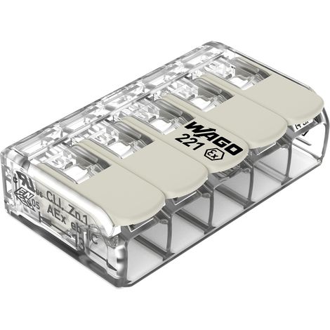 WAGO Terminali di collegamento 221-685 5 conduttori, fino a 6 mm², 15 pezzi, connettori per cavi COMPACT con leve per tutti i tipi di conduttori in tutto il mondo, sicurezza delle applicazioni (1/3)