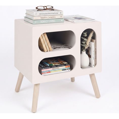 Relaxdays Scandinavian bedside table, retro, open shelves, HxWxD: 45x45x35 cm, white/natural (1/5)