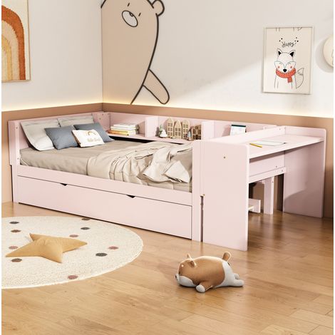 MEUBLIV Lit 90x200 cm rose – avec lit gigogne et bureau, sans matelas (1/5)