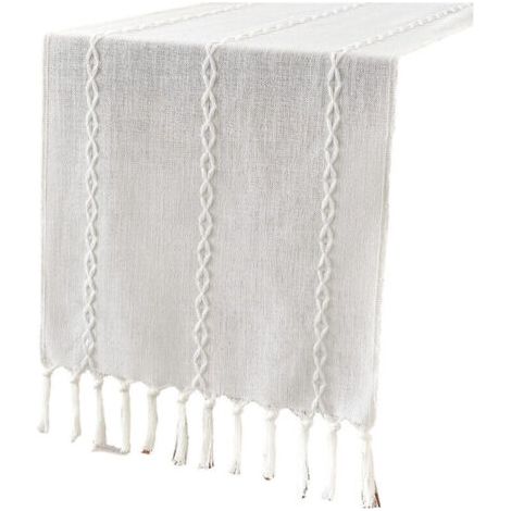 BUNTHAUS Chemin de table vintage en coton et lin, blanc uni avec franges, 33 × 228 cm (1/5)
