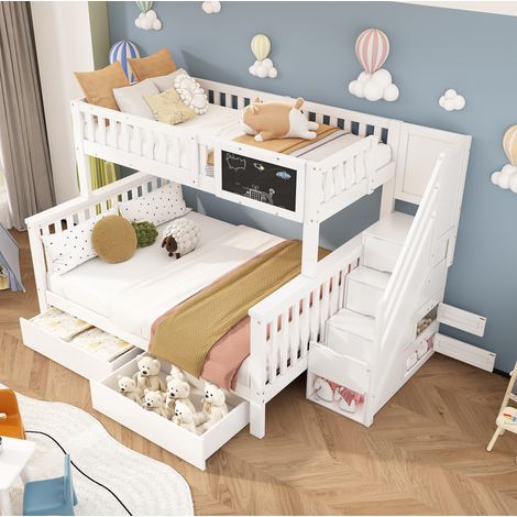 Etagenbett mit Stauraum 90x200/140x200 Massivholz Weiß OKMYHOME (1/5)