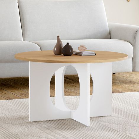 Mesa de centro redonda ALOISE con pata de madera y arco blanco 70 cm