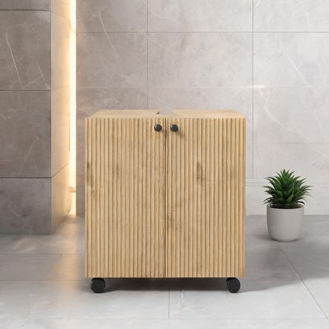 Meuble sous vasque en bois avec étagères et roulettes (1/5)