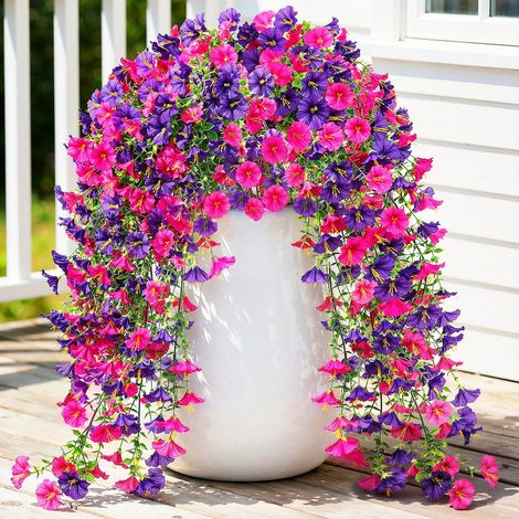Fleurs Suspendues Artificielles Fausses Plantes pour Décoration, Estivale Extérieur 2 PCS Gloires du Matin Rouge Violet Soie Fausse, 29,5'' Résistant aux UV Réaliste pour Jardinière Balcon (1/5)
