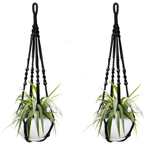 Deux paniers suspendus en corde de coton noir pour plantes d'intérieur, de 98 cm chacun, ornés de perles en bois. Crochets non inclus. (1/5)
