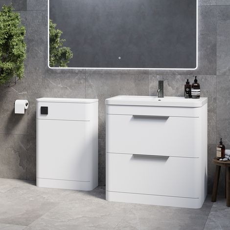 Oslo Gloss White 1350mm Vanity Unit Toilet Suite with Leni Basin - 1350mm - Gunmetal Grey 300mm Finger PullWithout Jubilee Toilet Pan