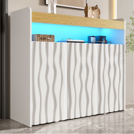Credenza 105x35x90,5 cm LED, 3 ante, ripiano a giorno, ripiani regolabili, pannello in truciolato bianco naturale (1/5)